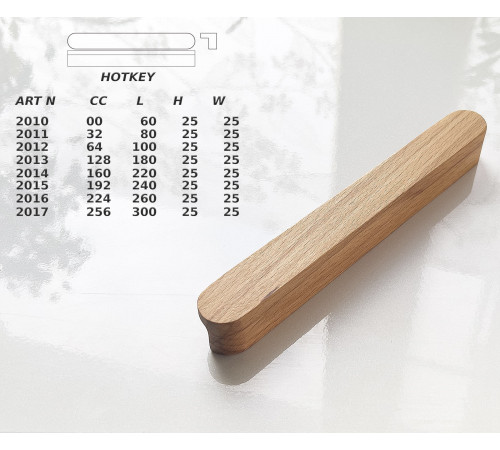 Ручка-профиль «Hotkey» из бука — 60–1000 мм, сечение 25×30 мм со скруглёнными краями, крепление на 2 винта | Россия